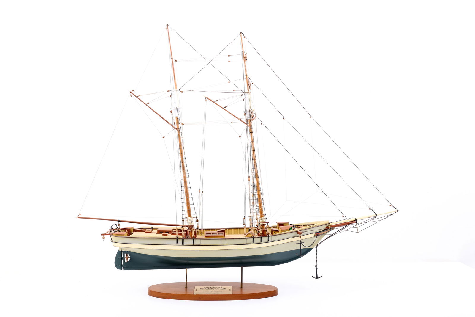 Wooden Model Ship, Californian, California’s Official Tall Ship: Wooden model of the "Californian", built by Stephen M. Hutsko of Palermo, New Jersey. A replica of the 1847 Revenue Cutter C.W. Lawrence, which patrolled the coast during the Gold Rush era. The full-s