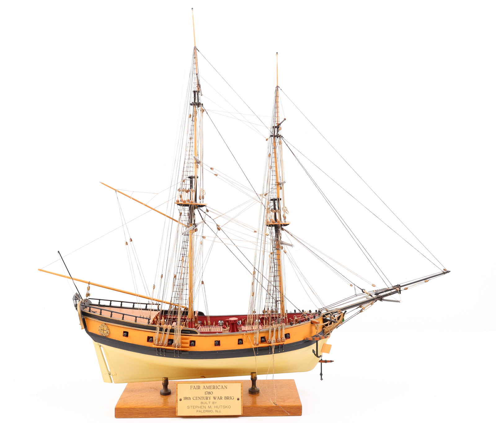Wooden Model Ship, “Fair American: Wooden model of the 1780 war brig Fair American, built by Stephen M. Hutsko of Palermo, New Jersey. This detailed replica features the two-masted brig’s late 18th-century design, complete with riggi