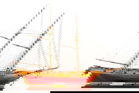 Wooden Model Ship, "Harvey 1847 Baltimore": Wooden model of the schooner "Harvey 1847 Baltimore", mounted on a wood base with brass title plaque. Done by Stephen M. Hutsko of Palermo, New Jersey, signed S. Hutsko and dated 1989 under the base.