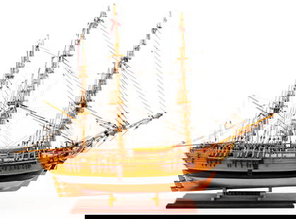 Wooden Model Ship, "H.M.S. Bounty": Wooden ship model of the H.M.S. Bounty, built by Stephen M. Hutsko of Palermo, New Jersey, with fully rigged masts and detailed deck structures, mounted on a display stand with identifying brass plaqu