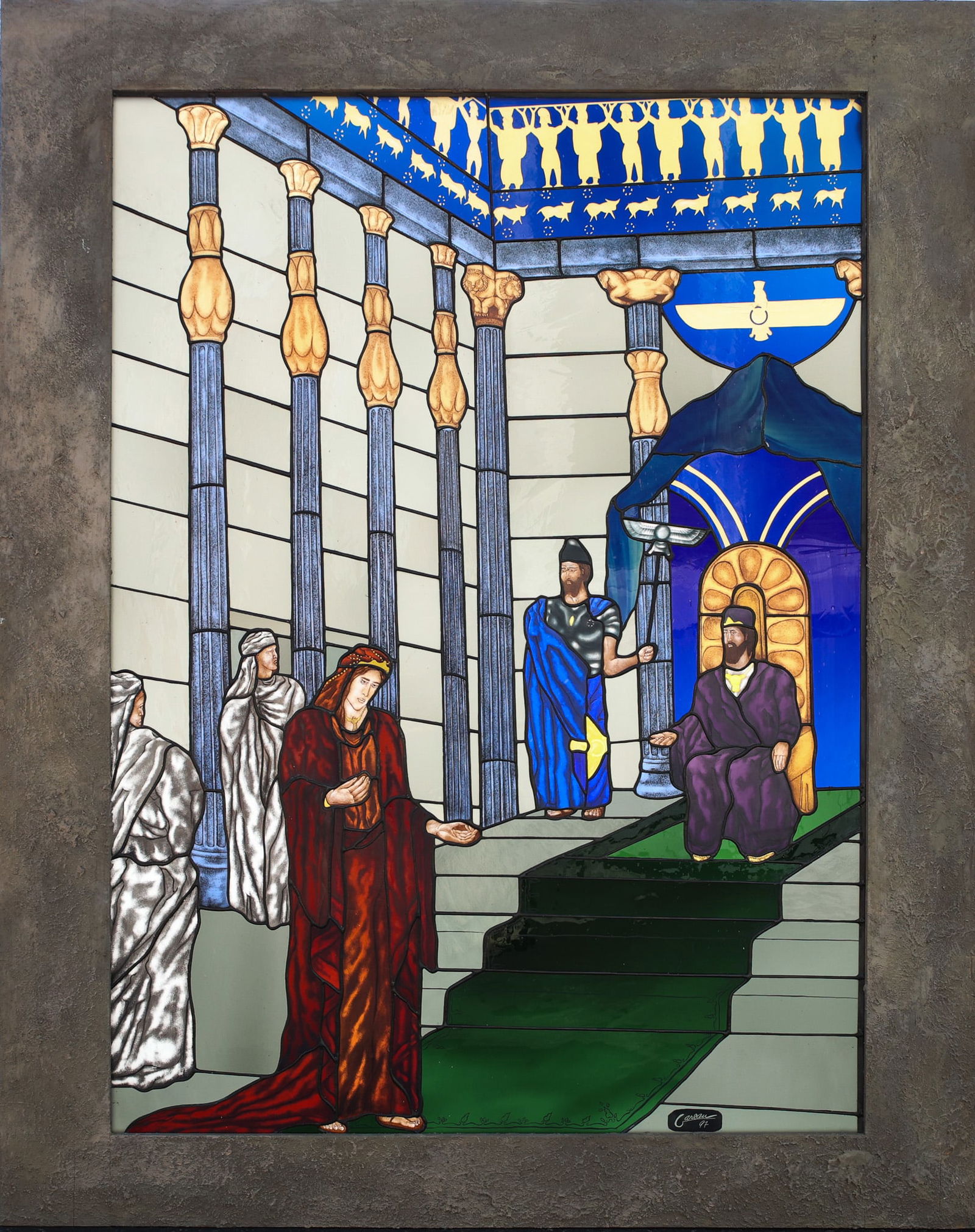Maurice Gareau Stained Glass Panel: Stained glass panel, signed “Gareau 97”, "Esther Before the King", depicting the biblical Queen approaching the king’s throne. Overall 51"h x 41"w, glass sight 43.25"h x 31.25"w.