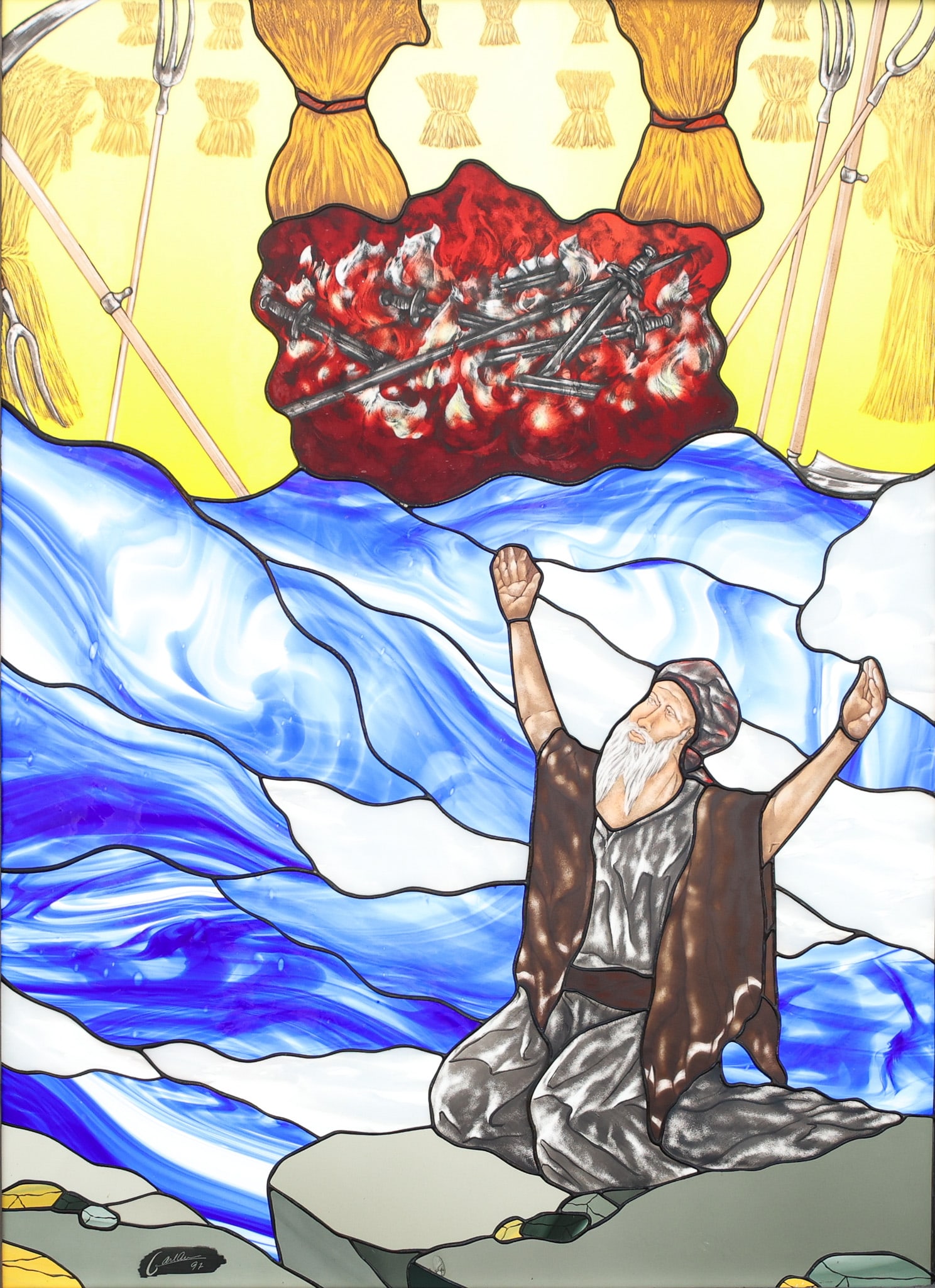 Maurice Gareau Stained Glass Panel: Stained glass, signed "Gareau 97", "Gideon's Vision", depicting the biblical judge Gideon kneeling in prayer with arms raised before a vision of burning weapons and sheaves. Overall 53"h x 41"w, glass