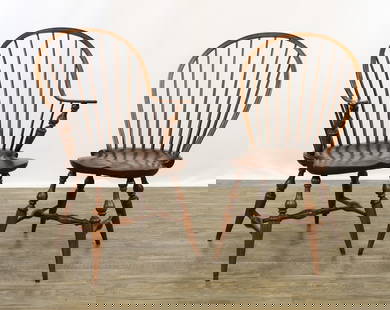 B. Delin Hoop Back Windsor Style Chairs: Handcrafted peg contructed chairs with hoop form spindle backs, saddle seats, turned splayed tapered legs with turned stretchers. Maker's mark on underside "B. Delin Hancrafted Furniture Bedminster, P