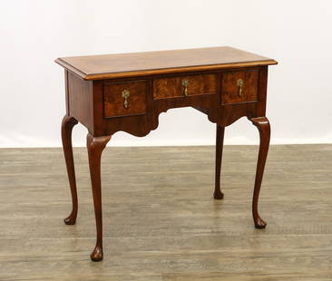 Queen Anne Style Walnut Low Boy: Chamfered edge top three burlwood drawers, shaped apron on cabriole legs and pad feet. 29"h x 32"w x 16"d
