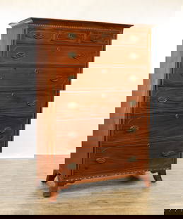 Pennsylvania Hepplewhite Inlaid Tall Chest: Mahogany case with pine secondary, canted cornice with diamond inlay top frieze over three short over five graduated dovetail banded inlay cockbeaded drawers flanked by inlaid stiles, diamond inlaid s
