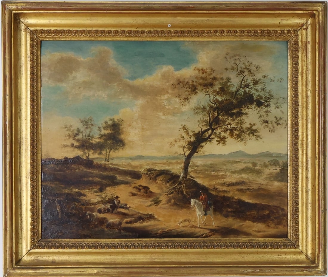 Oil on Board: Oil on board, unsigned. Pastoral scene with mounted rider, dog, and grazing livestock. 14"h x 18"w and 19"h x 22"w framed