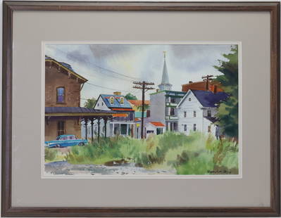 Ranulph (De Bayeux) Bye (1916 - 2003): Watercolor, "Lambertville Depot", SLR, Architectural streetscape with train station and storefronts.12"h x 19"w and 21"h x 26.5"w framed.
