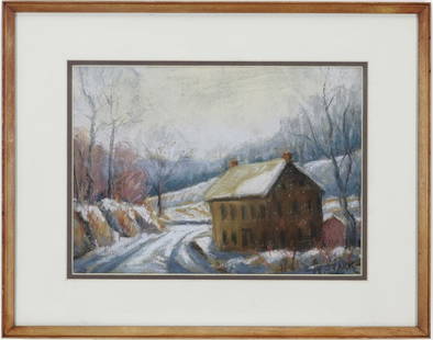 Melville F. Stark (1903 - 1987): Pastel, SLR. Winter landscape with a snow covered road winding past a stone house. 9"h x 12"w sight and 14.5"h x 17.5"w framed