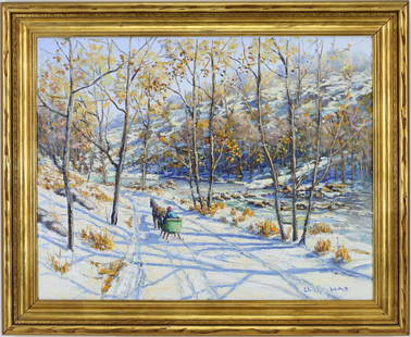 Christopher G. Willett (Born 1959): Oil on canvas "The Tohickon, 2020", SLR. Snowy winter landscape with a sleigh. 16"h x 20"w and 20"h x 24"w framed