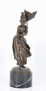 After Henri Etienne Dumaige (1830 - 1888): French bronze sculpture depicting a woman with an inverted umbrella, impressed signature to the base. Sits on a variegated black marble plinth. 12.5"h x 4"w
