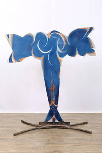 Raymond Rocklin (1922-2014): Freestanding double sided painted metal sculpture with abstract geometric motifs in blue and orange on one side and silver and red organic forms on the reverse. Mounted on a welded arched metal base.