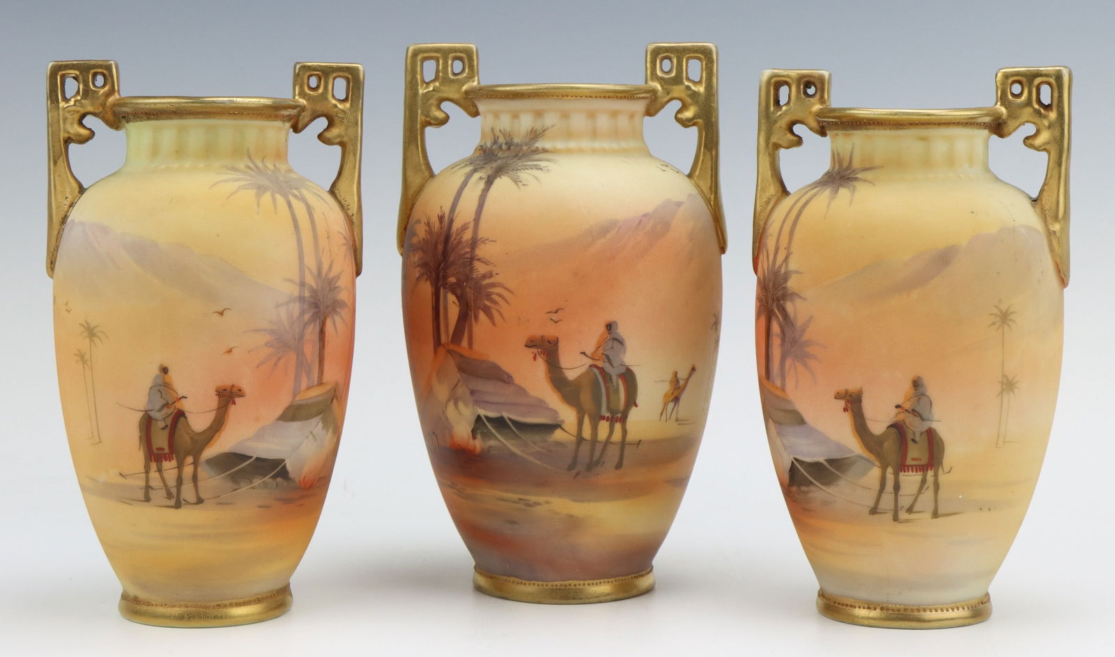 Nippon Porcelain Vases: Nippon porcelain vases (3, 2 sizes), c. 1891-1921, Egyptian desert, hand painted, marked, tallest vase 17.75"h x 9"w x 8.5"d.