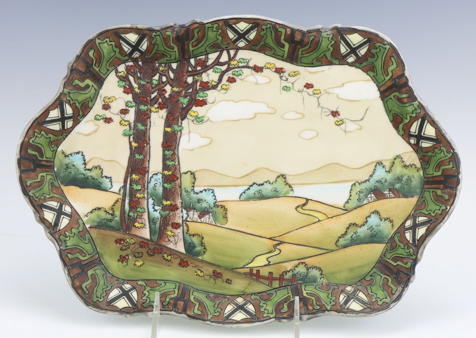 Nippon Dark Woodland Tray: Nippon Dark Woodland porcelain tray, c. 1891-1921, hand painted moriage decoration, marked,1"h x 12"w x 8.5"d.