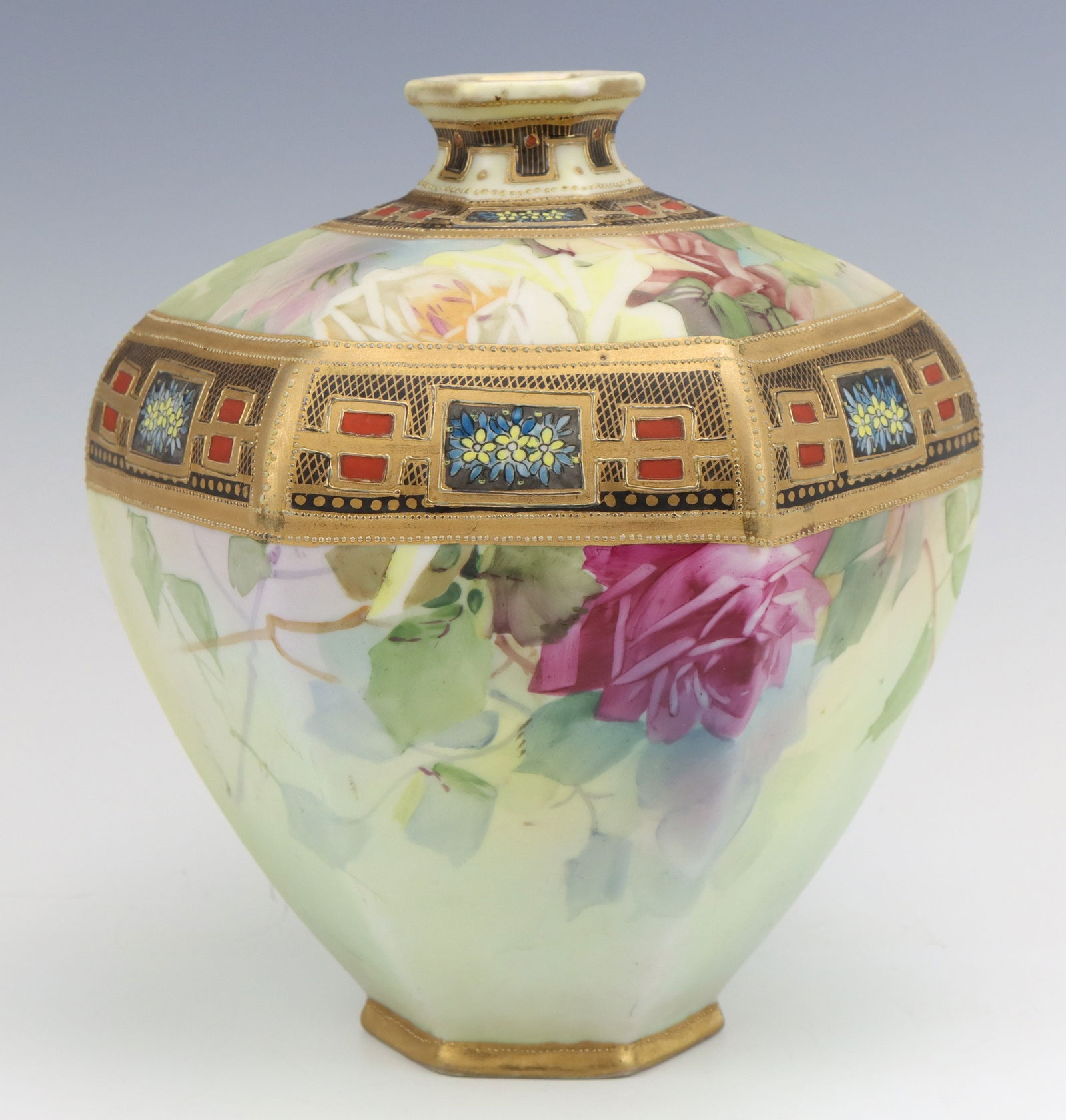 Nippon Porcelain Vase: Nippon porcelain vase, c. 1891-1921, hand painted, gilt decoration, marked, 9"h x 8.5"w x 7.5"d.