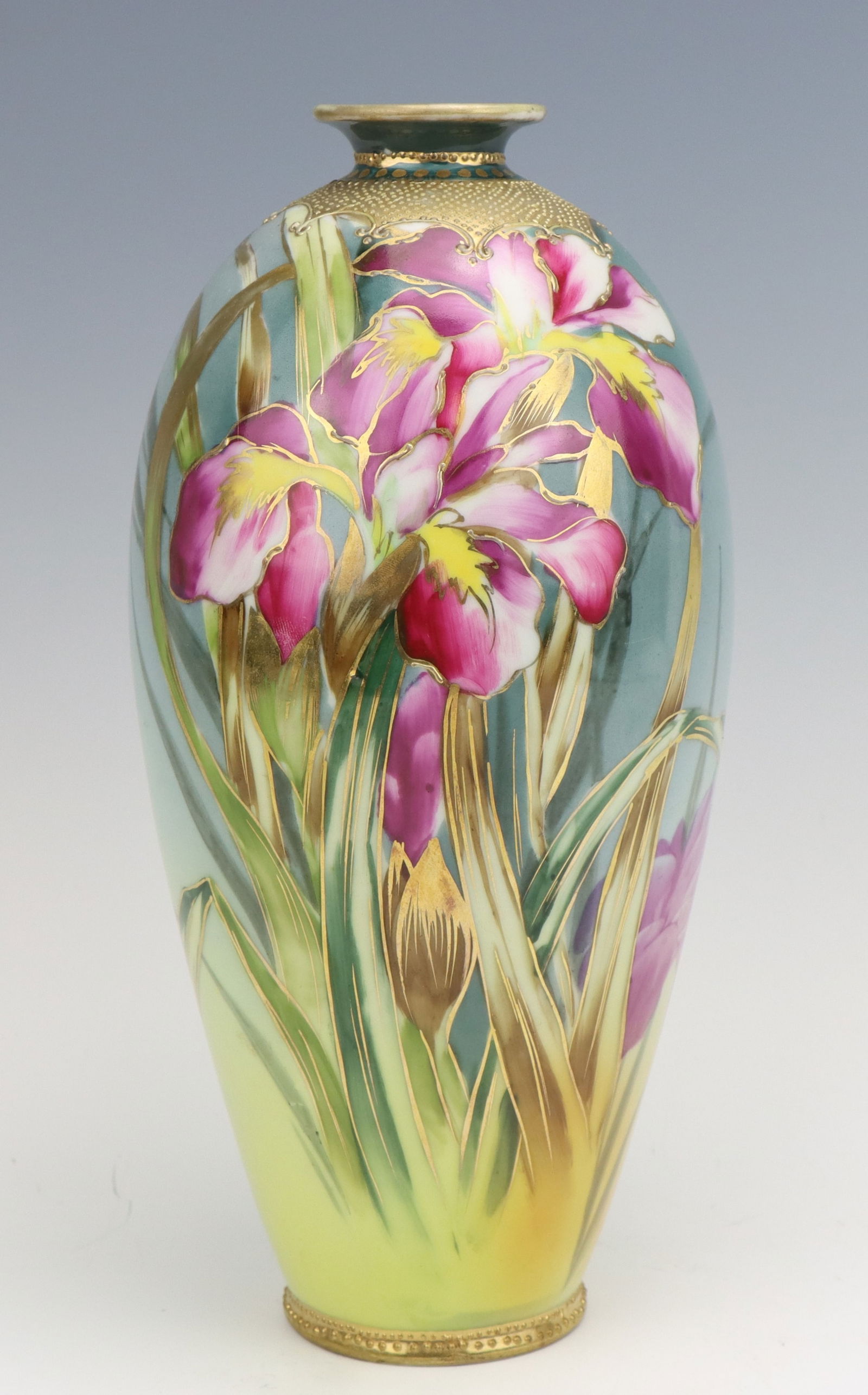 Nippon Porcelain Vase: Nippon porcelain vase, hand painted, gilt and jeweled decoration, some paint wear to vase opening, marked, 9.75"h x 4.75"dia.