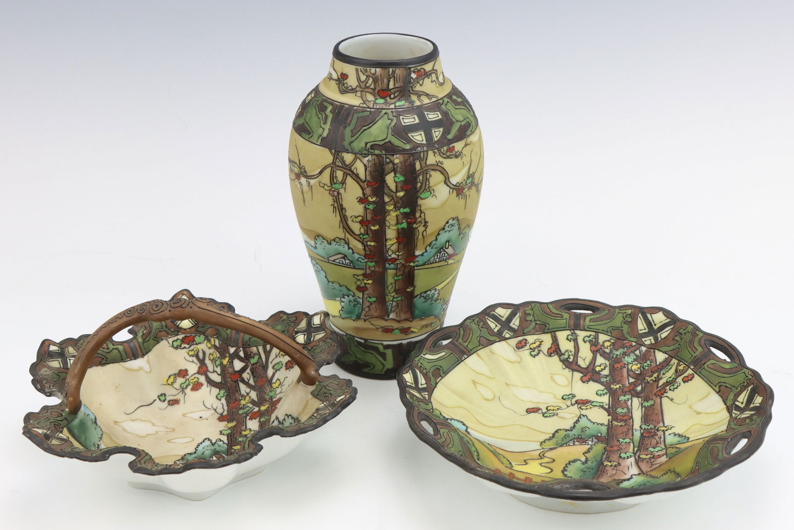 Nippon Dark Woodland: Nippon Dark Woodland porcelain vase, basket bowl and bowl c. 1891-1921, hand painted moriage decoration, marked, vase 6.5"h x 3.75"dia.