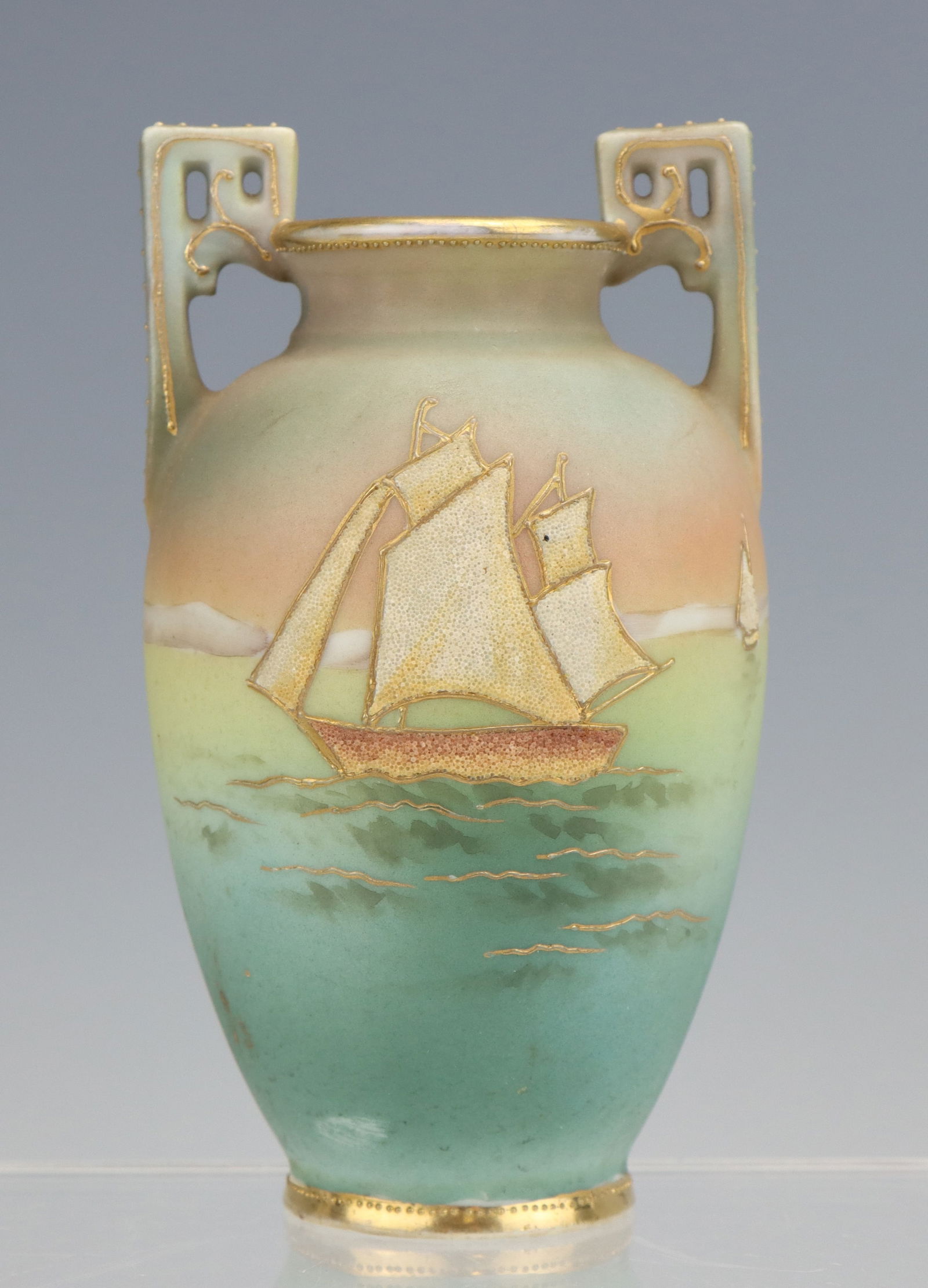 Nippon Coralene Vase: Nippon Coralene porcelain vase, hand painted/crafted, sailboat design, 2 handles, marked, 4.75"h x 2.75"dia.