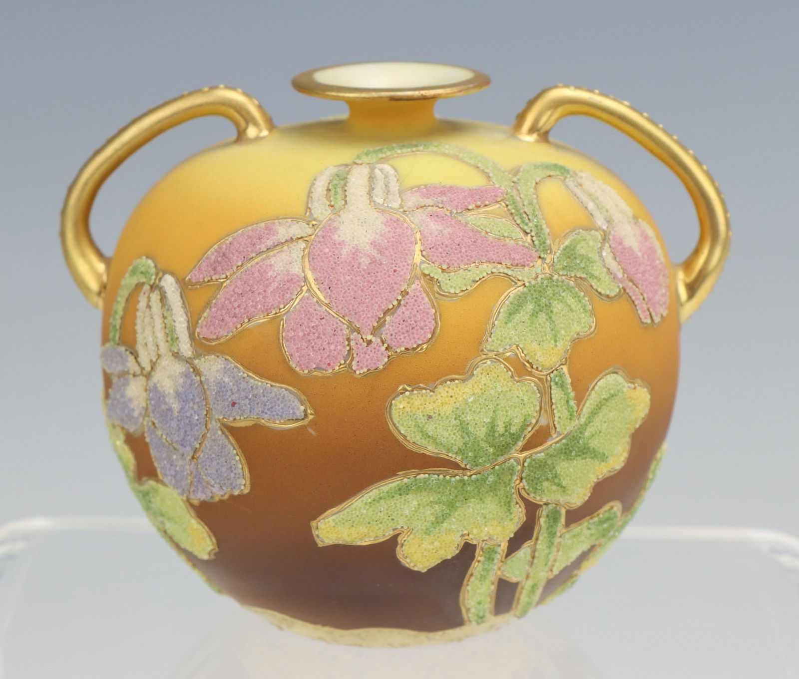 Nippon Coralene Vase: Nippon Coralene porcelain vase, hand painted/crafted, floral decoration, marked, 3.5"h x 4"w x 3.75"d.