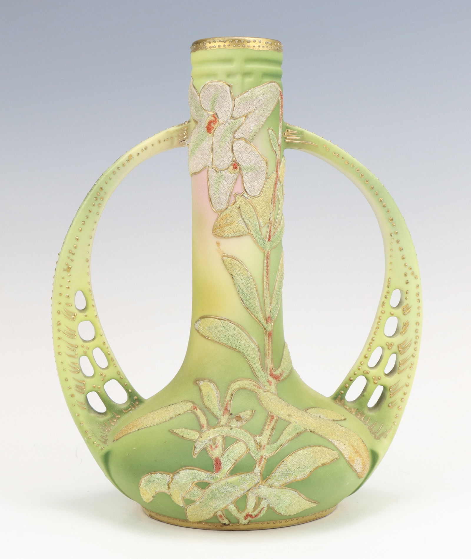 Nippon Coralene Vase: Nippon Coralene porcelain vase, hand painted/crafted, pale green, some paint wear to vase opening, marked, 8.25"h x 6.75"w x 5"d.