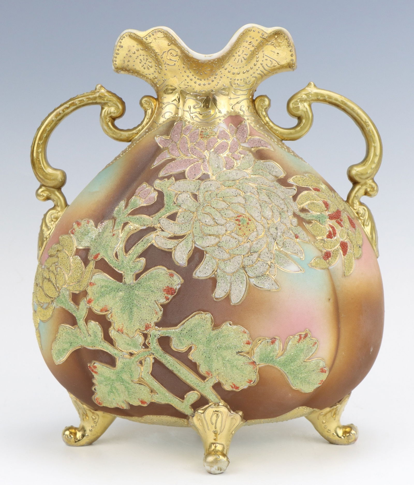 Nippon Coralene Vase: Nippon Coralene porcelain footed vase, hand painted/crafted peony design, 2 gilt painted handles, moriage decoration, marked, 8"h x 7.25"w x 4.5"d.