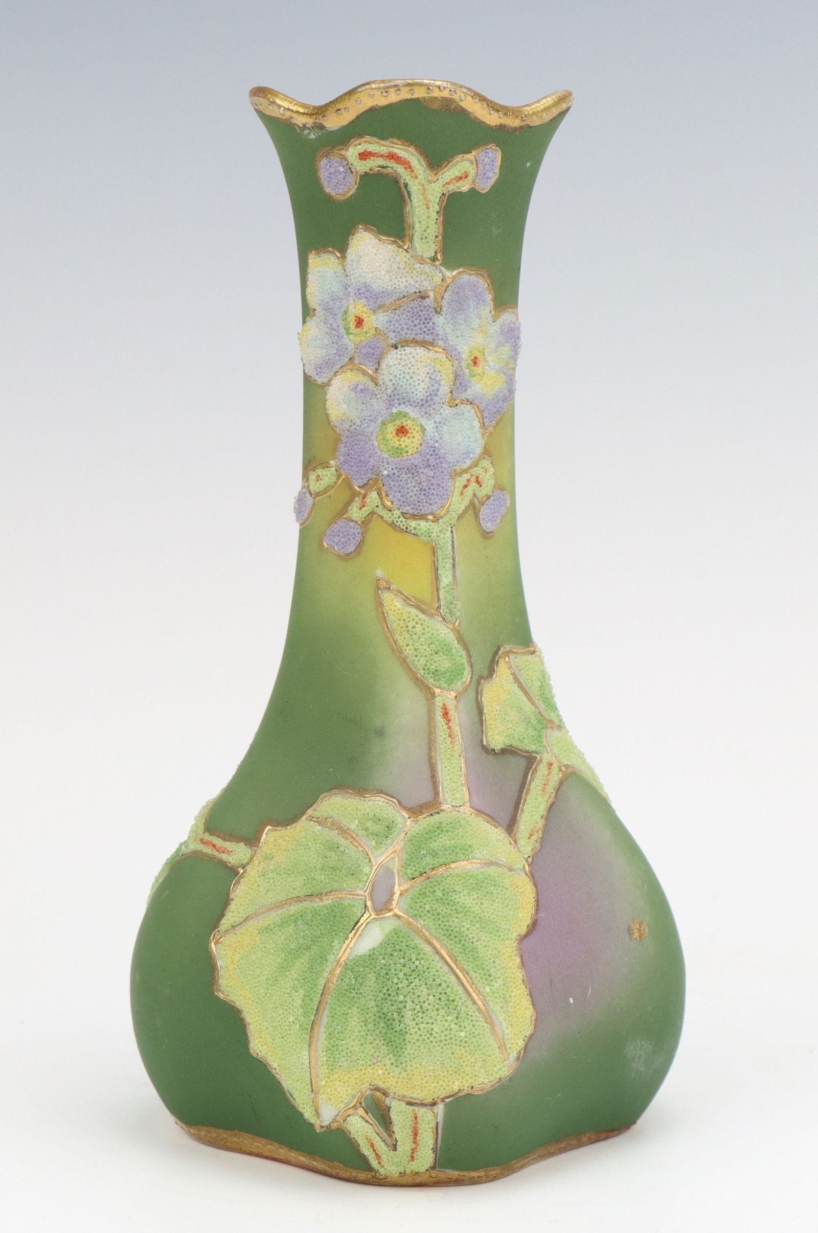 Nippon Coralene Vase: Nippon Coralene porcelain vase, hand painted/crafted floral design, jeweled decorated edges, some paint wear to vase opening, marked, 5.75"h x 2.75"w x 2.75"d/