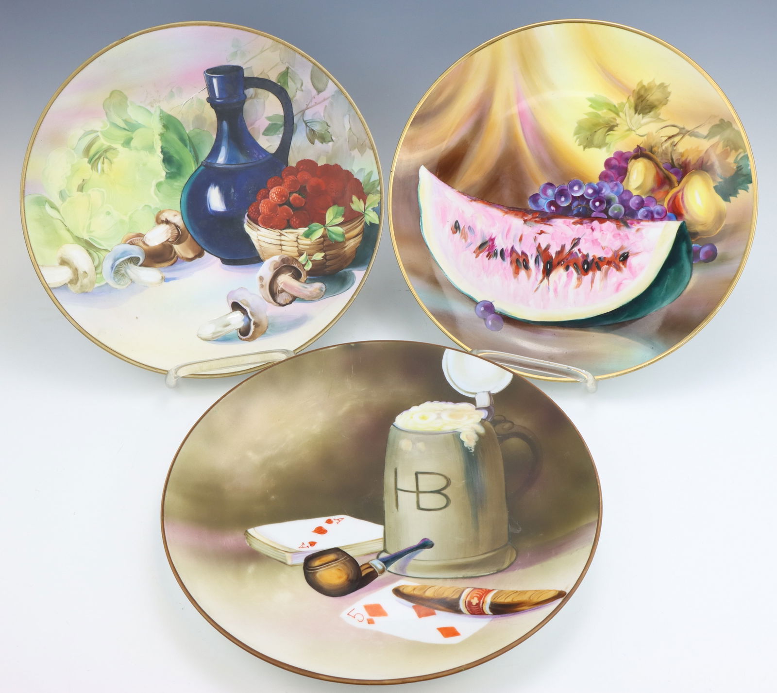 Nippon Porcelain Plates: Nippon porcelain decorative plates (3), c. 1891-1921, hand painted, includes food/wine and card room motifs, marked, 12"dia.