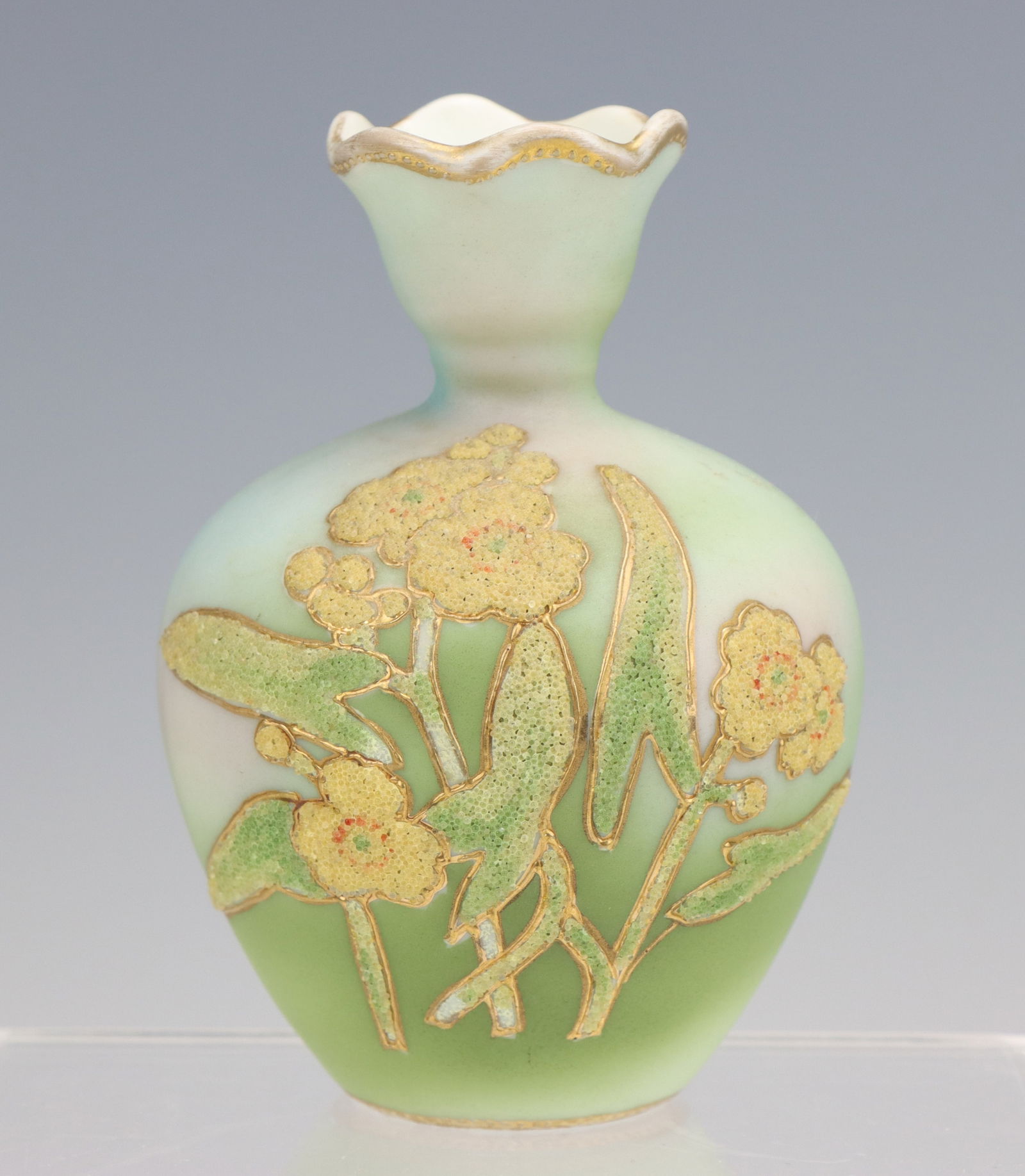 Nippon Coralene Vase: Nippon Coralene porcelain bud vase, hand painted, gilt decoration, some paint wear to vase opening, marked, 4.25"h x 3.25"dia.