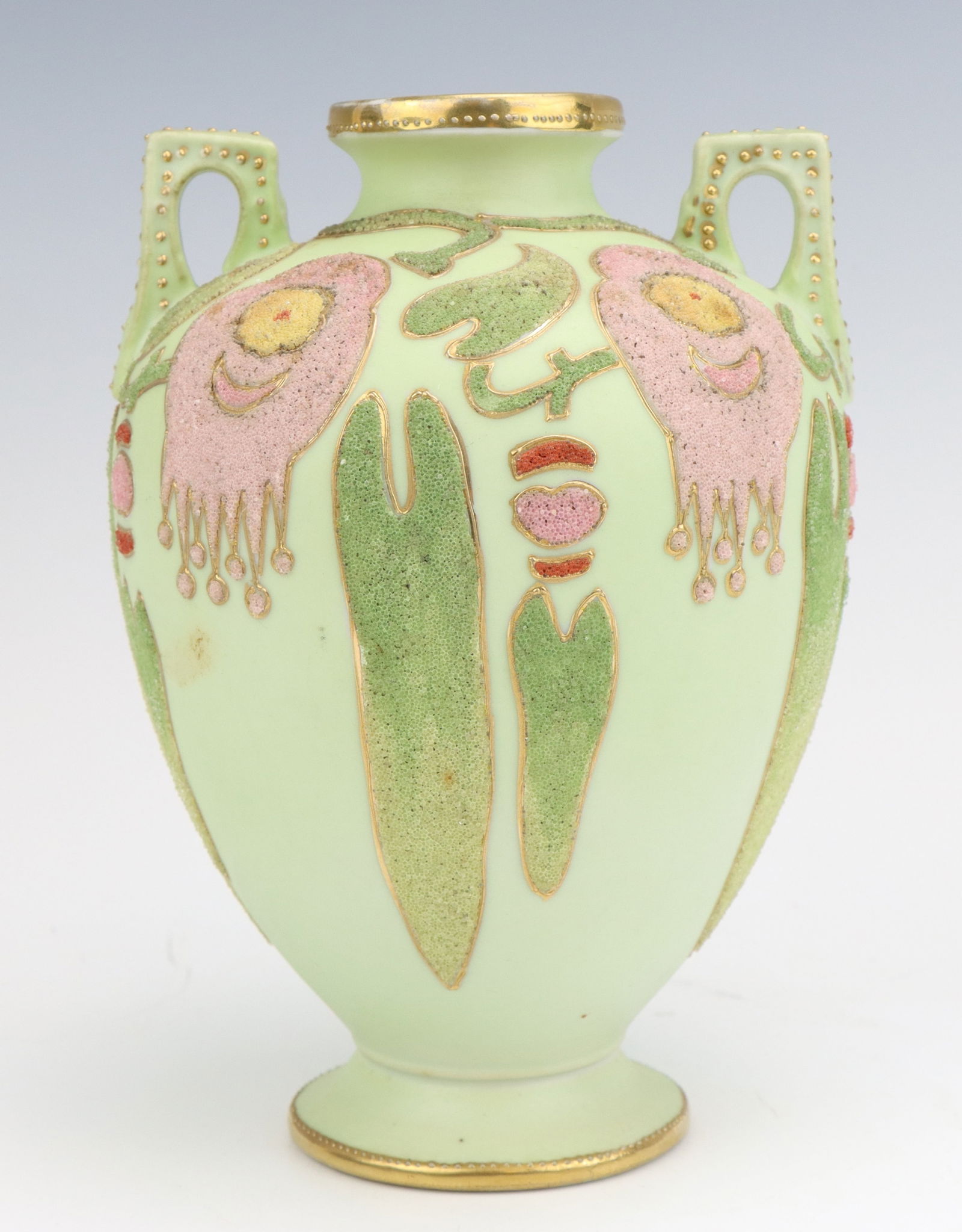 Nippon Royal Kinran Vase: Nippon Coralene Royal Kinran porcelain vase, hand painted, abstract style, marked, 6.5"h x 4.75"dia.