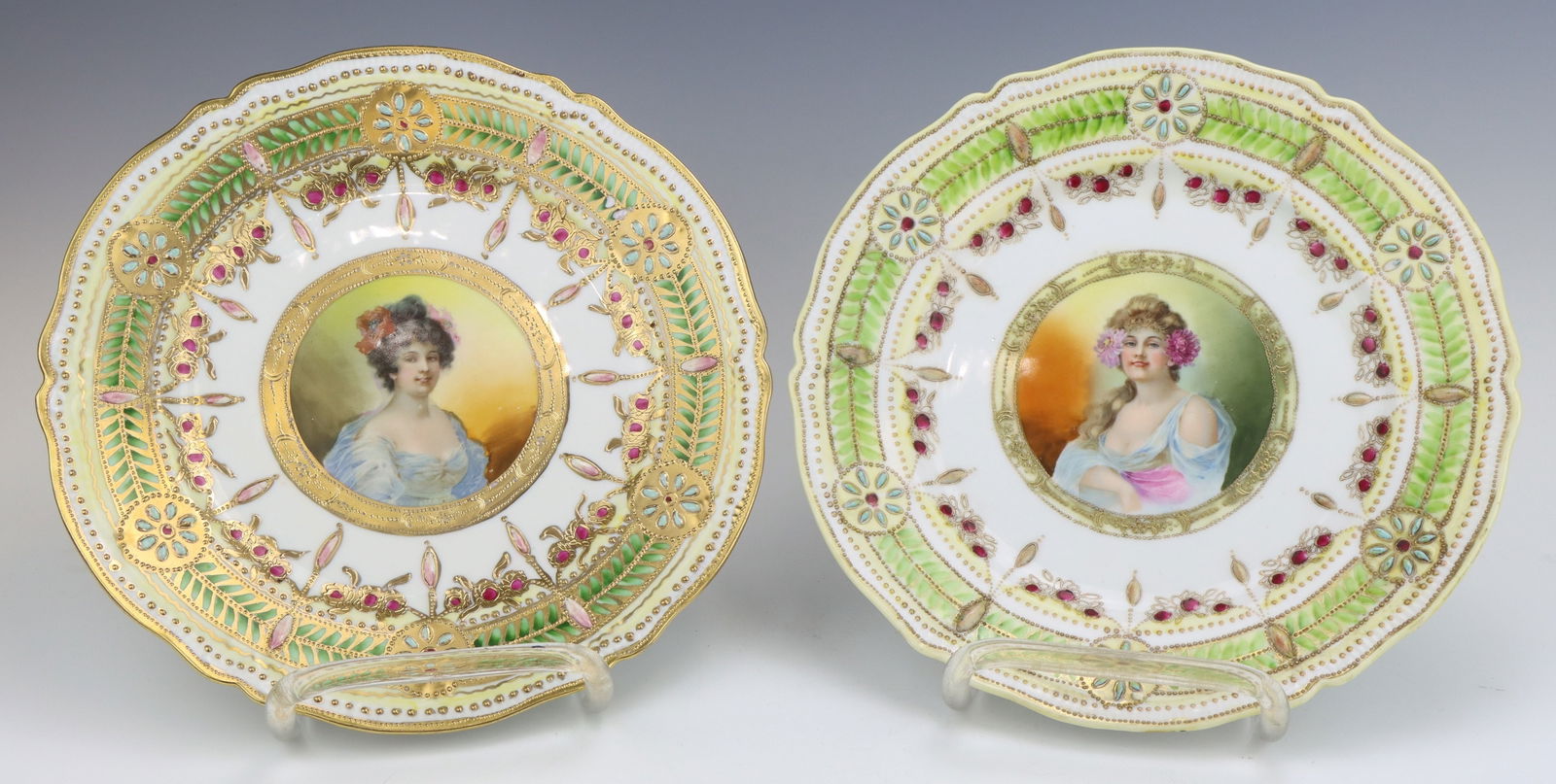 Nippon Plates: Nippon porcelain portrait plates (2), hand painted portrait and decoration, marked, 10"dia.