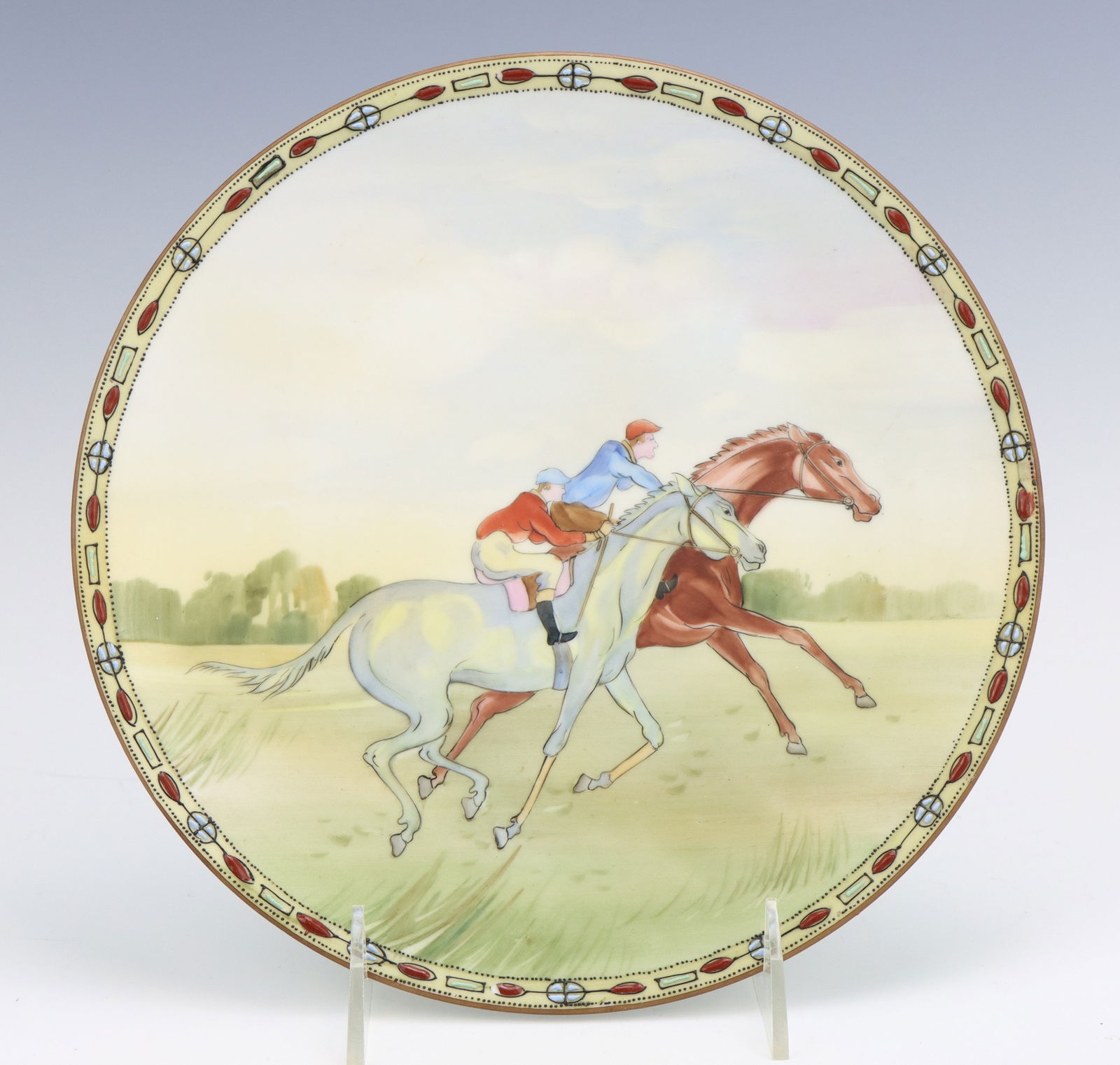Nippon Plate: Nippon porcelain decorative plate, c. 1891-1921, hand painted horse/hunting motif with moriage edging, marked, 1"h x 9"dia.