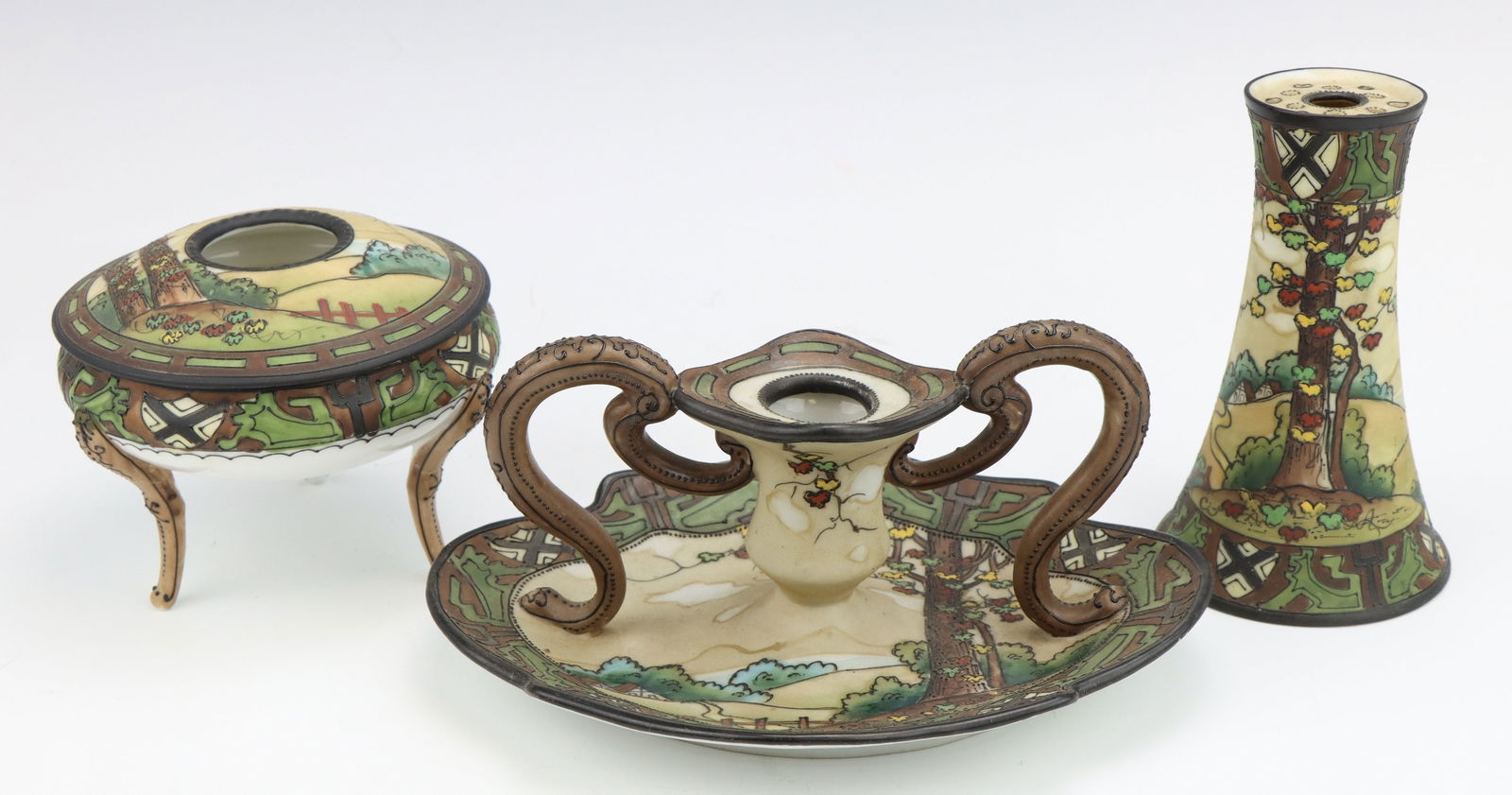 Nippon Dark Woodland: Nippon Dark Woodland porcelain, c. 1891-1921, includes vanity bud vase, candle holder and hair receiver, hand painted moriage decoration, marked, candle holder 3.25"h x 7"w x 5.5"d.