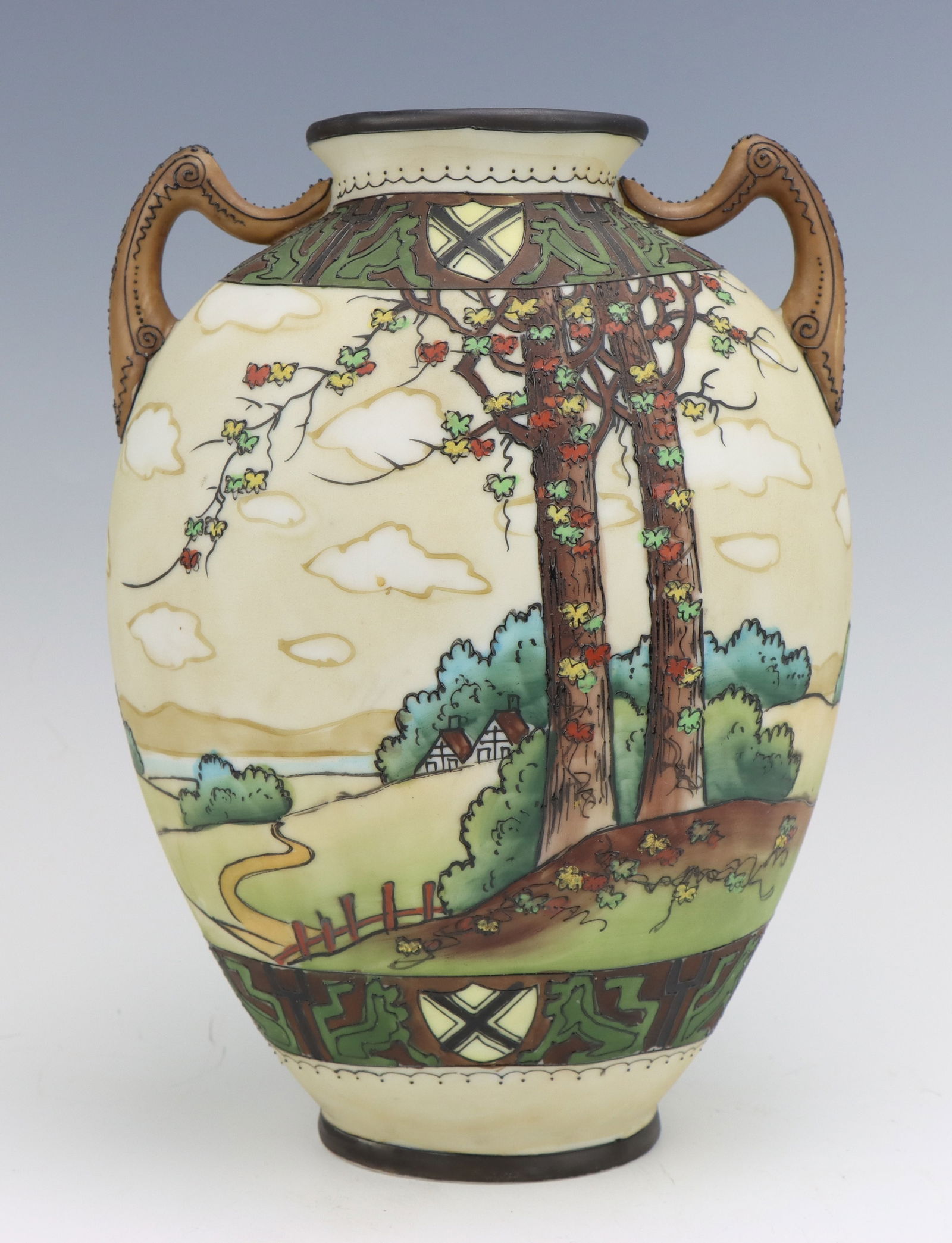 Nippon Dark Woodland Vase: Nippon Dark Woodland porcelain vase, c. 1891-1921, hand painted moriage decoration, marked, 8.75"h x 6"w x 4.5"d.