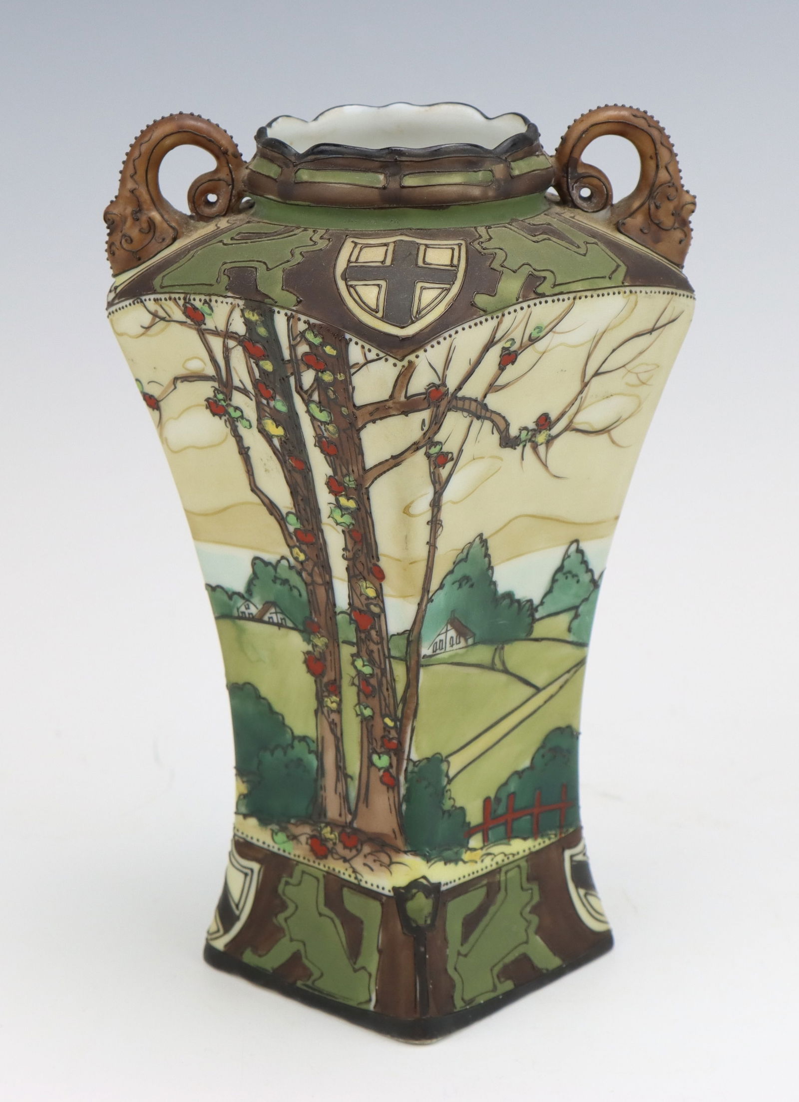 Nippon Dark Woodland Vase: Nippon Dark Woodland porcelain vase, c. 1891-1921, hand painted moriage decoration, marked, 7"h x 4.5"w x 4.5"d.