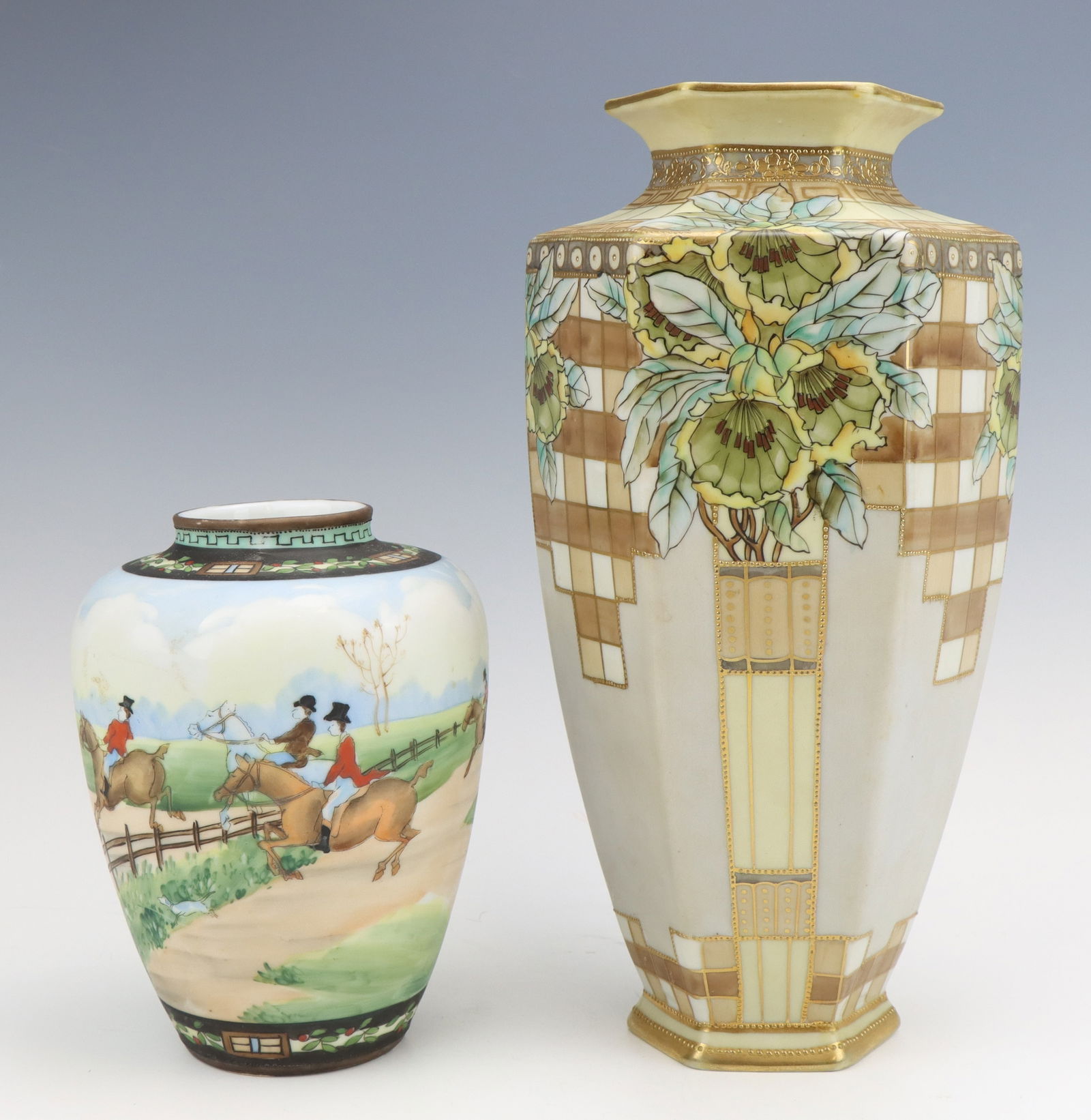Nippon Porcelain Vases: Nippon porcelain vases (2), c. 1891-1921, hand painted floral and equestrian motifs, marked, larger 11.5"h x 6"w x 5"d.