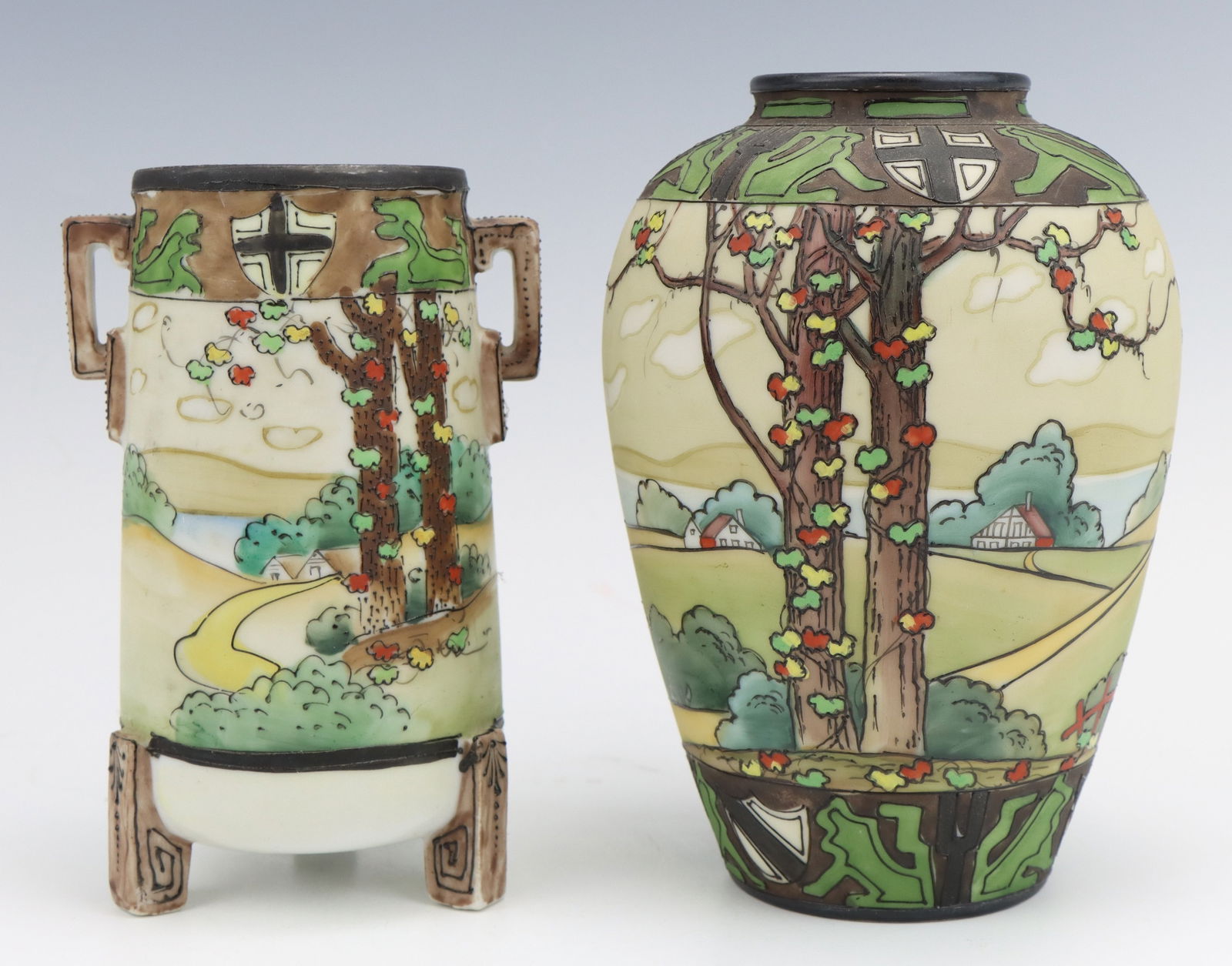 Nippon Dark Woodland Vases: Nippon Dark Woodland porcelain vases (2), c. 1891-1921, hand painted moriage decoration, marked, largest 6.25"h x 4.5"dia.