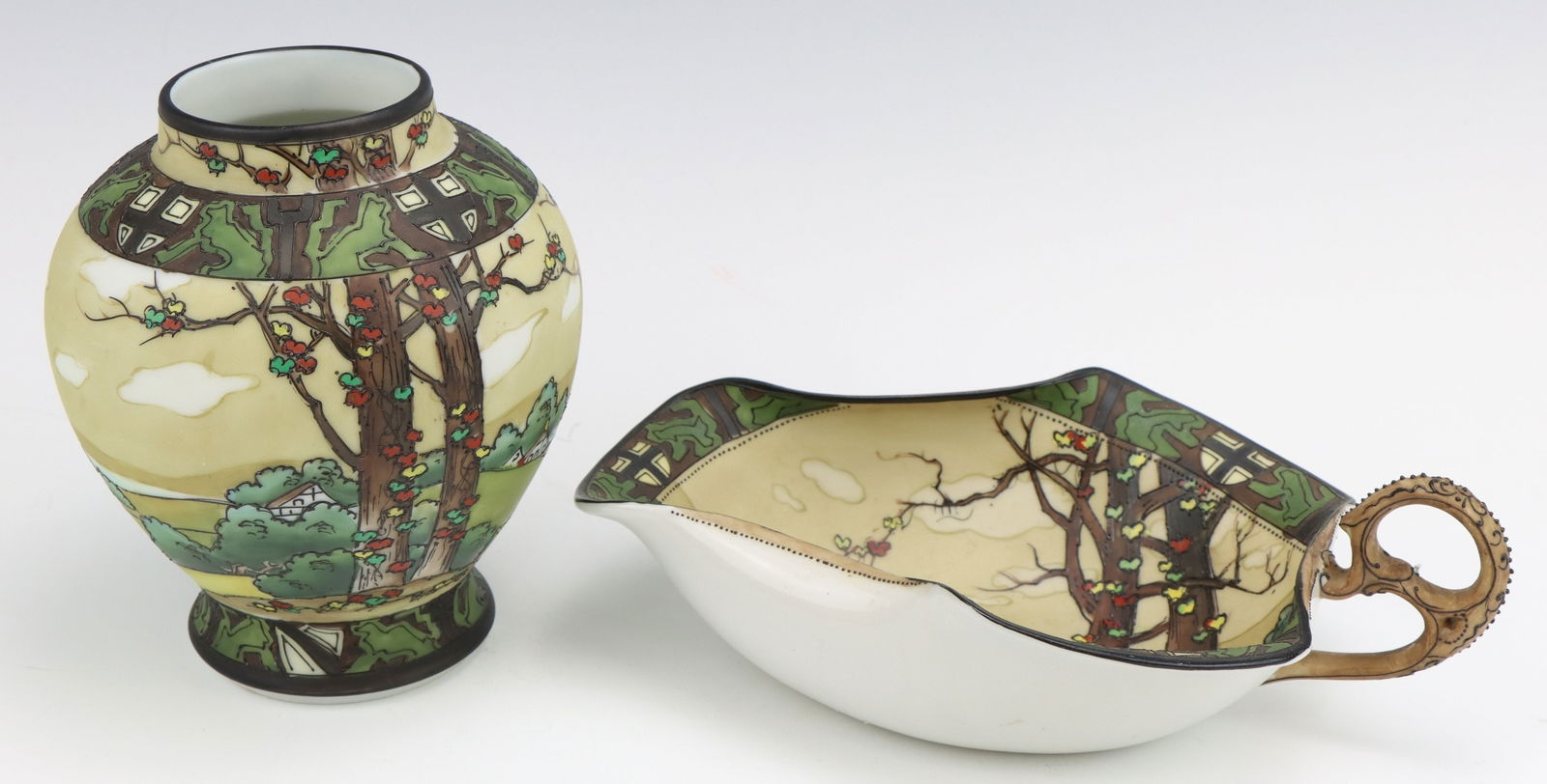 Nippon Dark Woodland: Nippon Dark Woodland porcelain vase and bowl with handle, c. 1891-1921, hand painted moriage decoration, marked, vase 5.25"h x 4.5"dia.