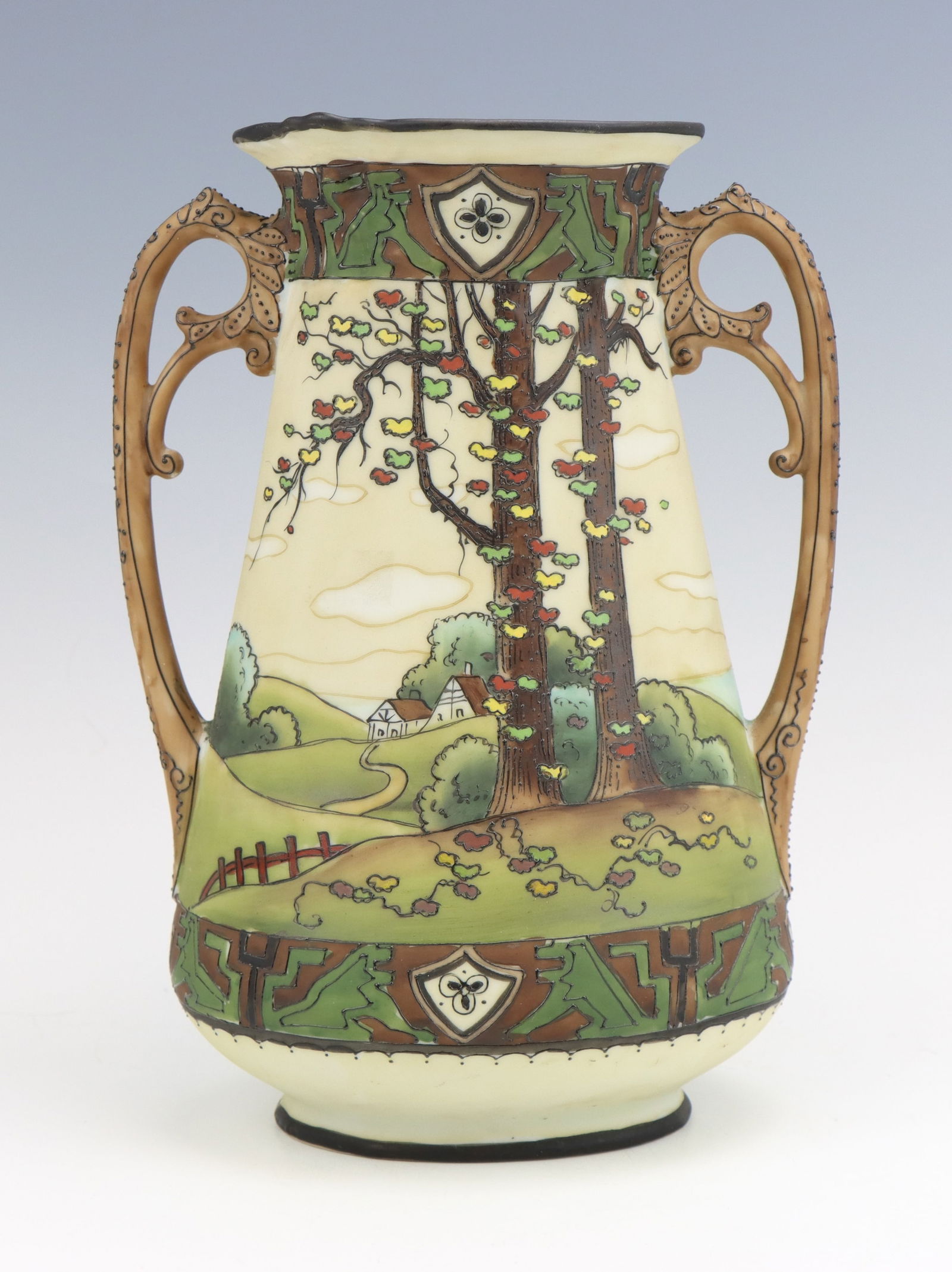 Nippon Dark Woodland Vase: Nippon Dark Woodland porcelain vase, c. 1891-1921, hand painted moriage decoration, marked, 9"h x 6.5"w x 4.5"d.