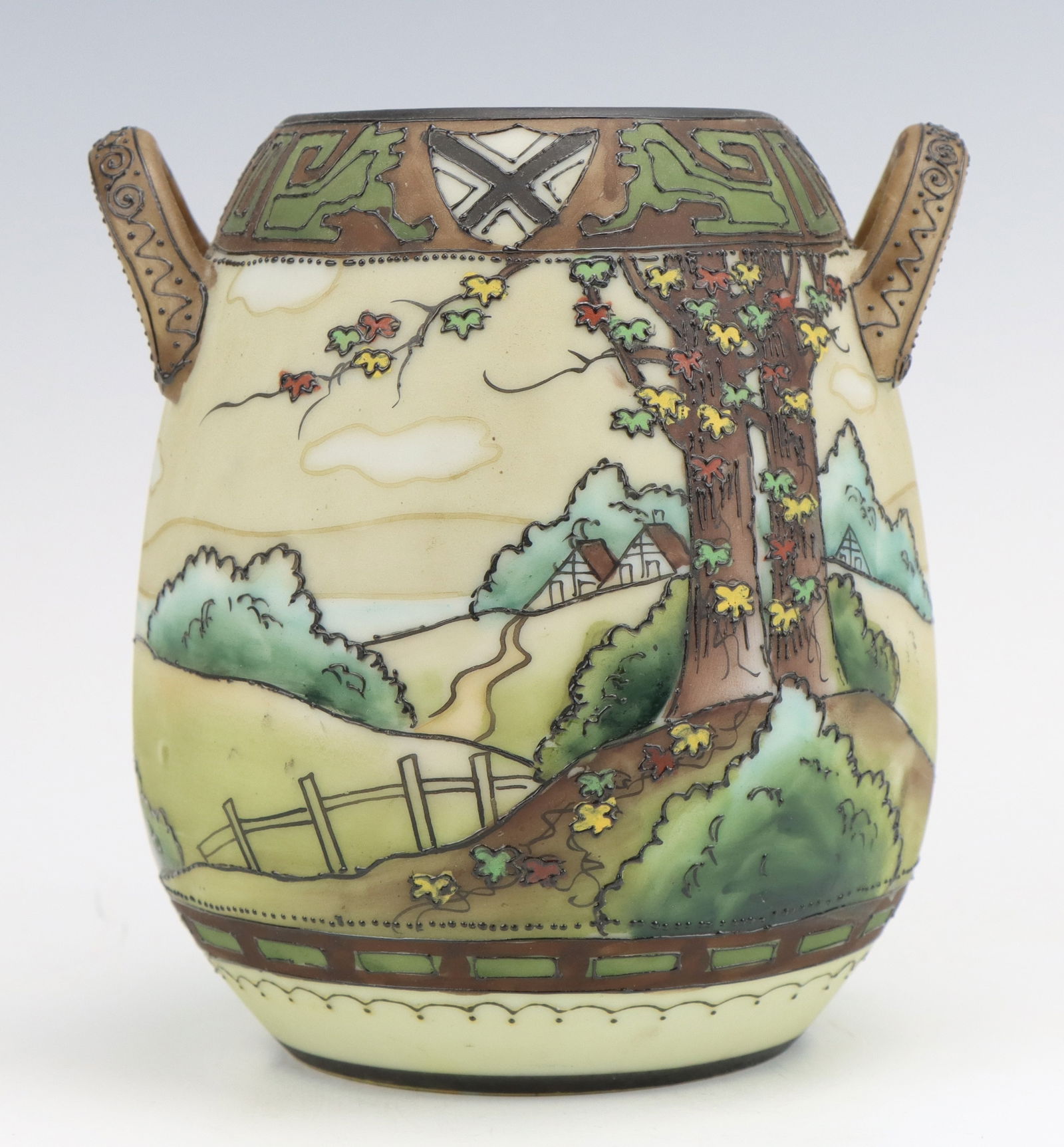Nippon Dark Woodland Vase: Nippon Dark Woodland porcelain vase, c. 1891-1921, hand painted moriage decoration, marked, some moriage wear on handles, 5"h x 4.75"w x 4.25"d.