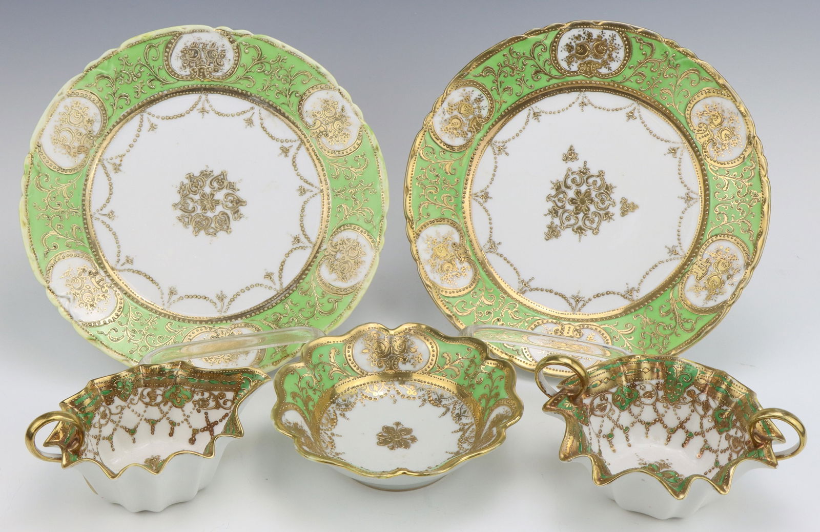 Nippon Porcelain: Nippon porcelain sugar bowl, creamer pitcher, bowl and plates (2), c. 1891-1921, hand painted moriage decoration, marked, 8.75"dia plates.