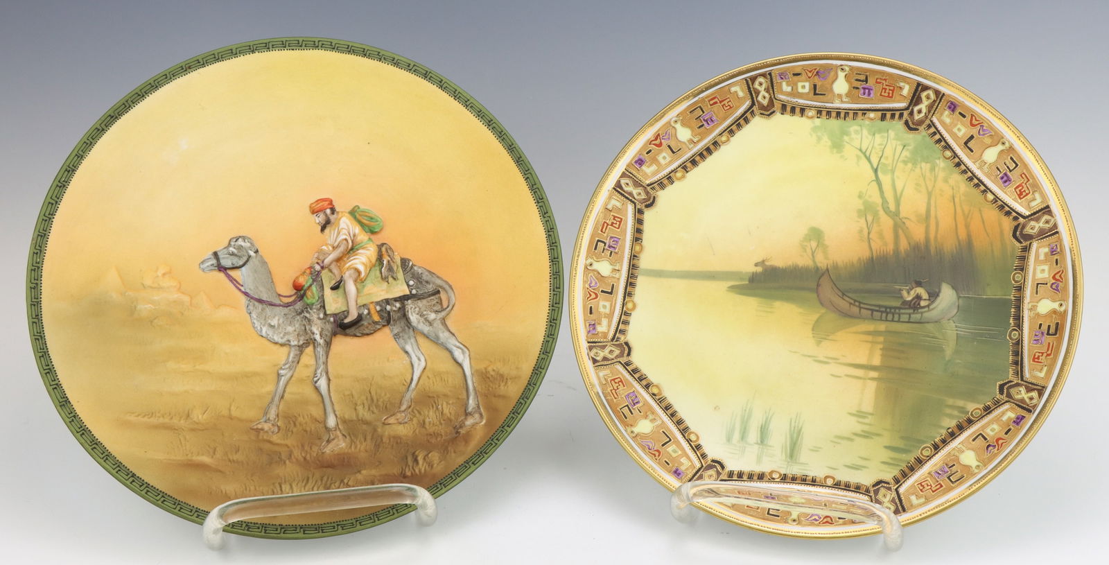 Nippon Porcelain Plates: Nippon porcelain, includes one Egyptian desert relief design and a plate with Native American motif, c. 1891-1921, hand painted, marked, each 10.75"dia.