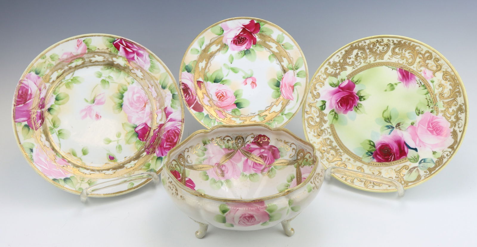 Nippon Porcelain: Nippon porcelain plates (3) and console footed bowl, c. 1891-1921, hand painted rose motif with moriage decoration, marked, plate 4"h x 8"dia.
