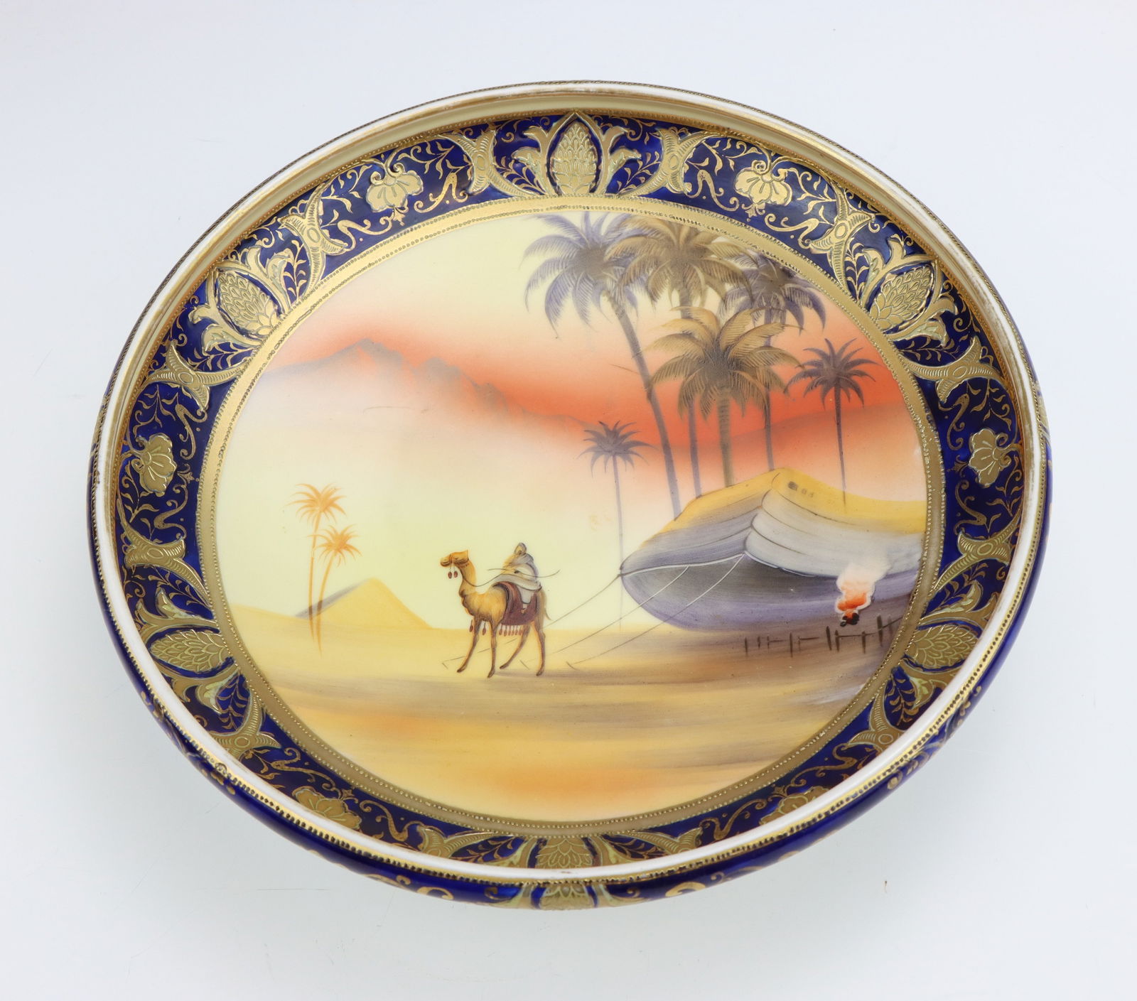 Noritake Porcelain Bowl: Old Noritake porcelain bowl, hand painted Egyptian desert pattern, cobalt, marked, 2.25"h x 10"dia.