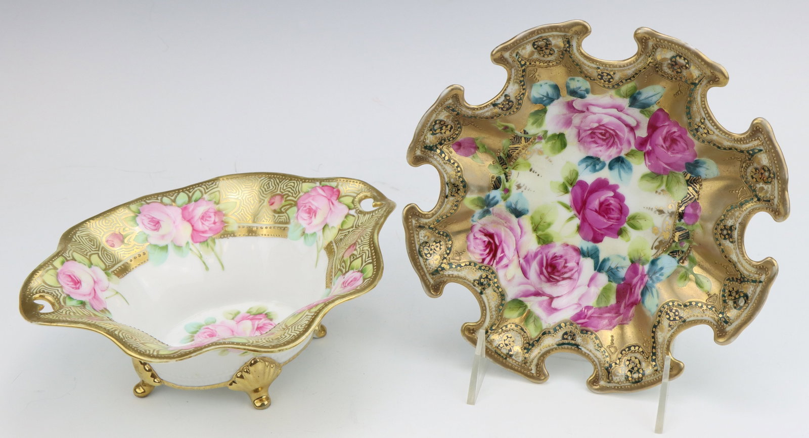 Nippon Porcelain: Nippon porcelain bowls (2), hand painted, decorative edging, moriage embellishments, marked, 3"h x 7.75"w x 6.5"d.