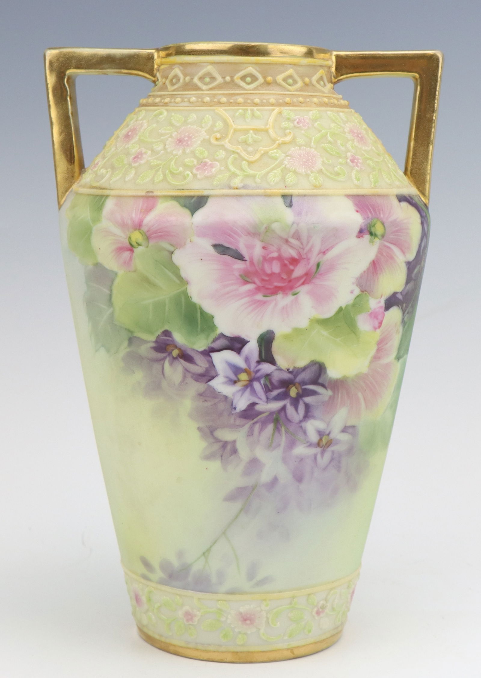 Nippon Porcelain Vase: Nippon porcelain vase, c. 1891-1921, hand painted floral design with moriage and gilt decoration, marked, 8.25"h x 5.5"dia.