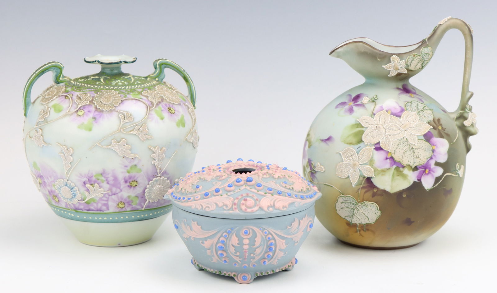 Nippon Porcelain & Hair Receiver: Nippon porcelain vase and ewer, hand painted with moriage decoration, marked, largest 6.5"h x 5"w x 4.5"d. Porcelain Jasperware style Japanese porcelain lidded hair receiver, enameled jeweled decorati