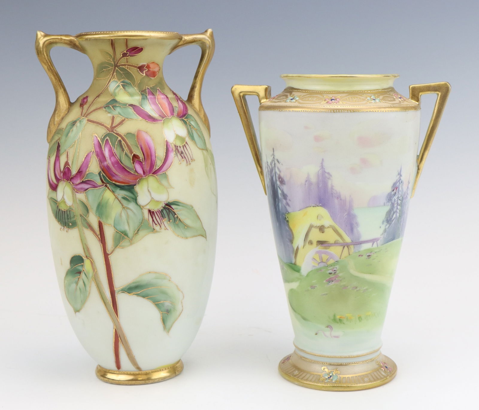 Nippon Porcelain Vases: Nippon porcelain vases (2), c. 1891-1921, hand painted, one with cottage landscape scene, moriage decoration, marked, largest 8.5"h x 4.5"w x 3.5"d.