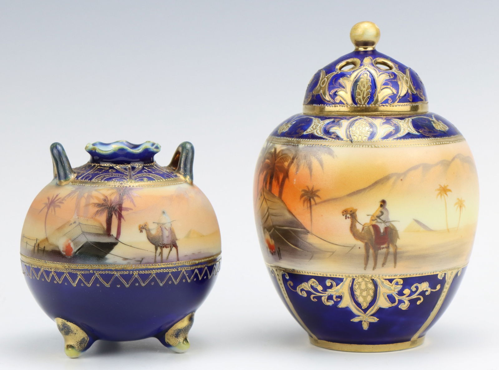 Nippon Porcelain: Noritake porcelain vases and lidded jar, hand painted Egyptian desert pattern, marked, cobalt, largest 5.5"h x 3.75"dia.