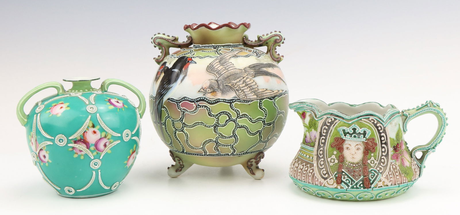 Nippon Porcelain: Nippon porcelain vases (2) and pitcher, c. 1891-1921, hand painted with moriage decoration, one piece marked, largest 5"h x 5"dia.