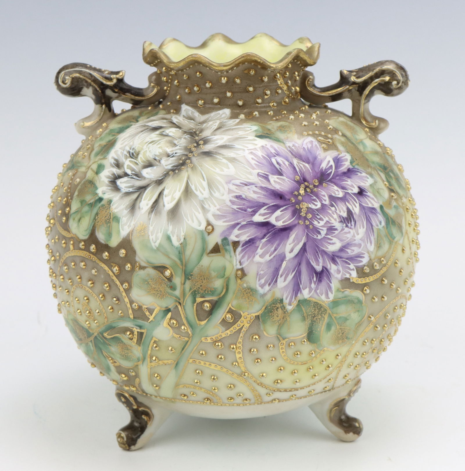 Nippon Porcelain Vase: Nippon porcelain footed vase, c. 1891-1921, hand painted chrysanthemum motif with jeweled decoration, marked, 5.5"h x 5.5"dia.