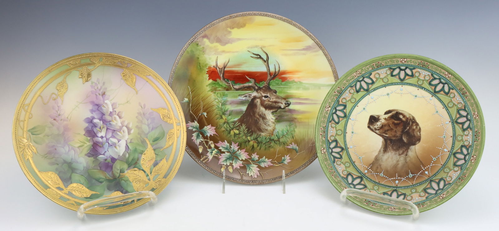 Nippon Porcelain Plates: Nippon porcelain plates (3), c. 1891-1921, hand painted floral and wildlife designs, moriage decoration, marked, largest 11"dia.